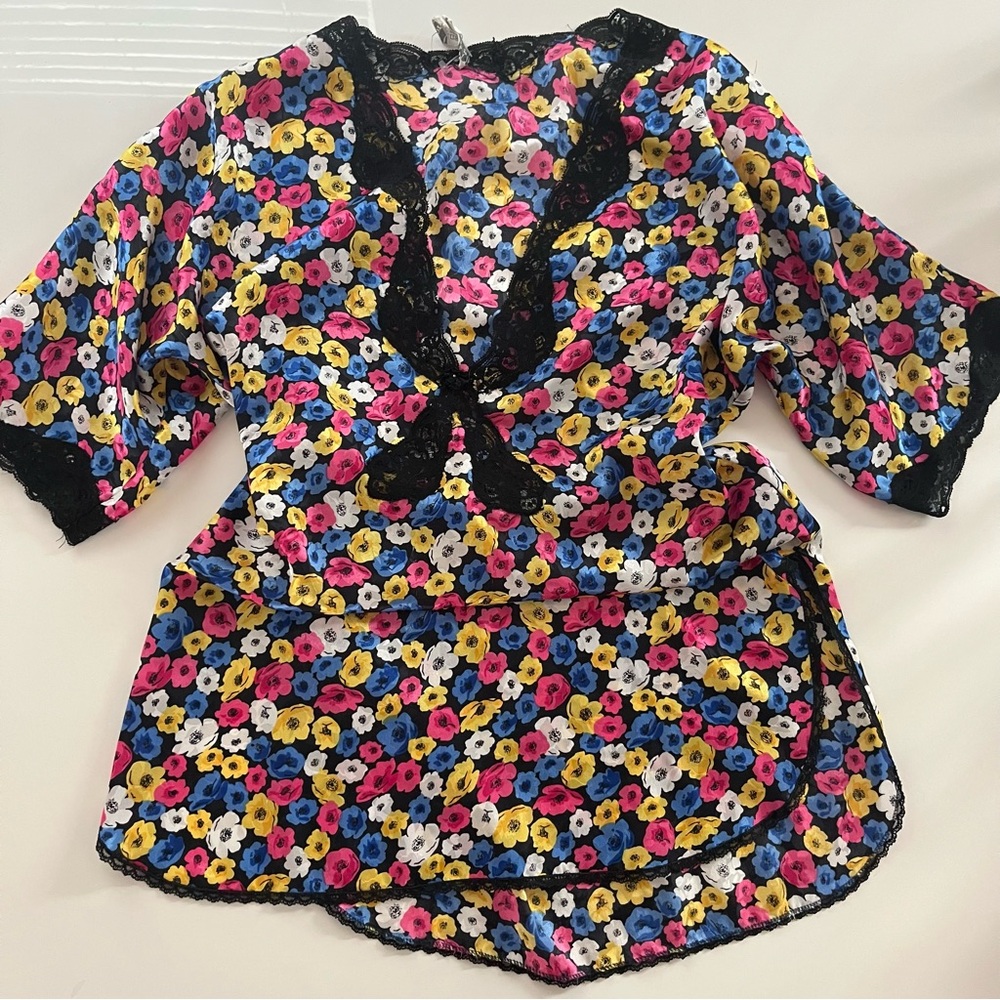 VTG Christian Dior Lingerie Multicolor Floral Satin Nightie Top with Black Lace